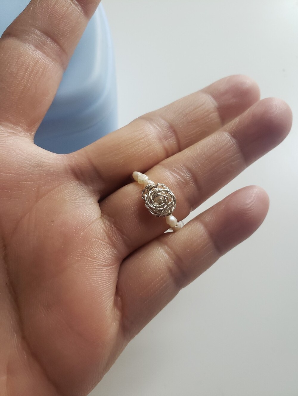 New Handmade Rice Pearl Silver Plated Wire Wrapped Rose Ring